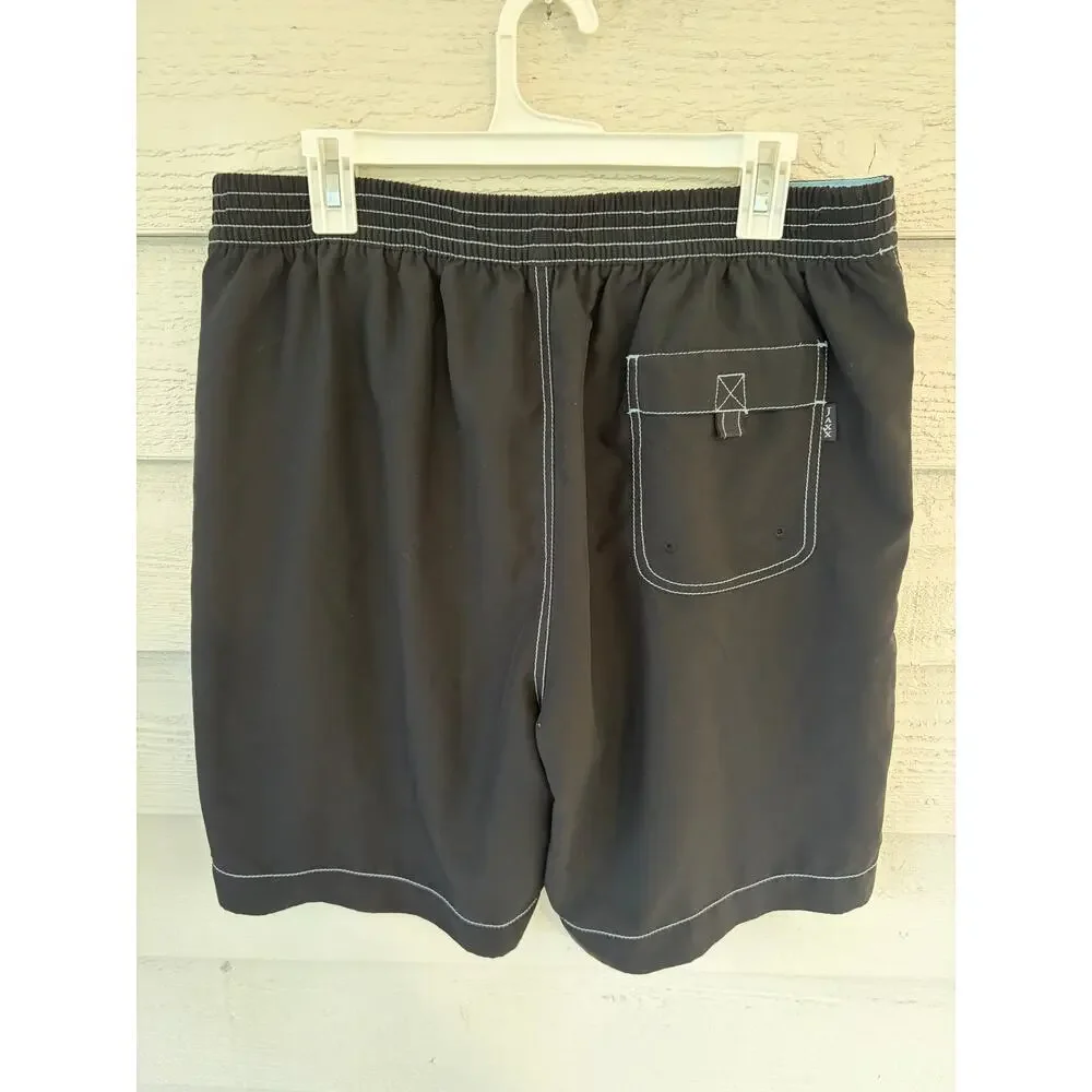 Jamaica Jaxx Black Board Shorts | Size L | Beach Swim Trunks Blue Stitch
